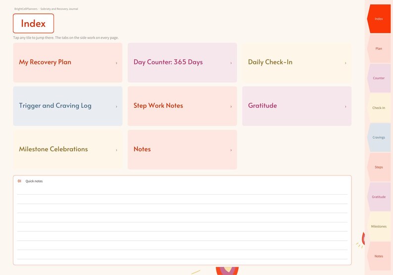 May include: A digital recovery journal index page featuring a grid of pastel-colored navigation tiles labeled My Recovery Plan, Day Counter: 365 Days, Daily Check-In, Trigger and Craving Log, Step Work Notes, Gratitude, Milestone Celebrations, and Notes.