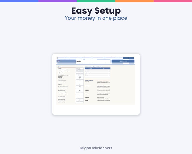 May include: A digital spreadsheet interface titled Easy Setup Your money in one place, featuring a blue and white layout with columns for financial data, categories, and setup instructions, branded with BrightCellPlanners at the bottom.