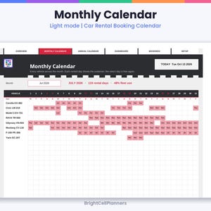 May include: A digital monthly car rental booking calendar interface in light mode. The dashboard displays vehicle names, dates, and rental status with pink highlighted blocks. Text includes Monthly Calendar, Today Tue Oct 13 2026, and BrightCellPlanners.