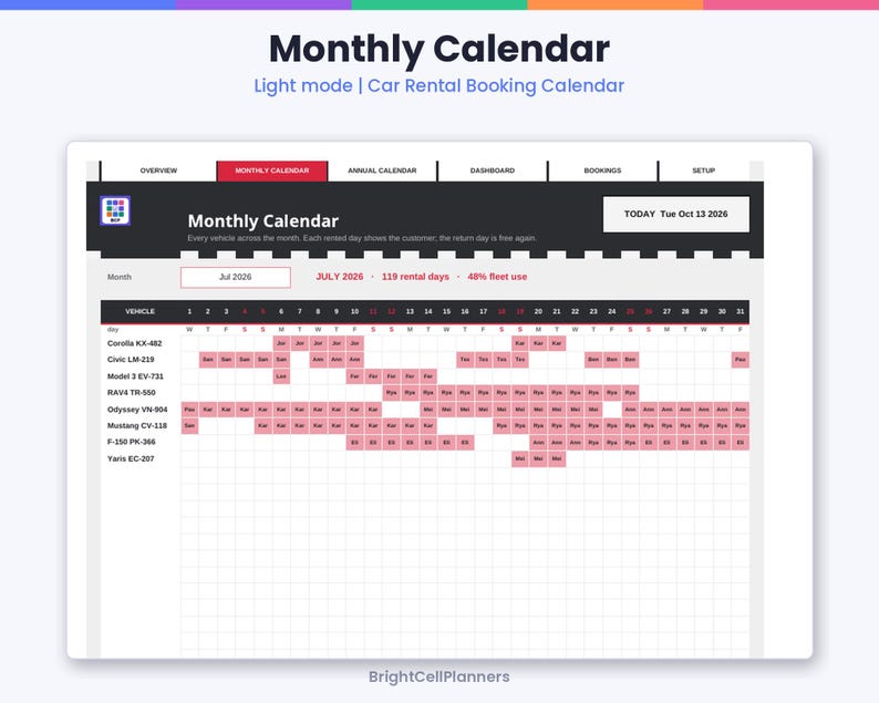 May include: A digital monthly car rental booking calendar interface in light mode. The dashboard displays vehicle names, dates, and rental status with pink highlighted blocks. Text includes Monthly Calendar, Today Tue Oct 13 2026, and BrightCellPlanners.