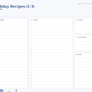 May include: A digital planner page titled Holiday Recipes (1/3) with a left-hand navigation sidebar. The layout includes sections for ingredients with checkboxes, a numbered method list, holiday name, serves and time, and notes.