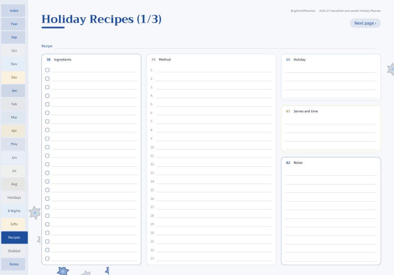 May include: A digital planner page titled Holiday Recipes (1/3) with a left-hand navigation sidebar. The layout includes sections for ingredients with checkboxes, a numbered method list, holiday name, serves and time, and notes.