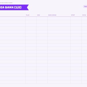 Op de afbeelding: Een digitale plannerpagina getiteld Video Idea Bank (1/2) met een paarse koptekst en een rasterindeling met kolommen voor Idea, Pillar, Hook, Search Demand, Effort en Status. Een verticale navigatiebalk toont maanden en categorie&euml;n.