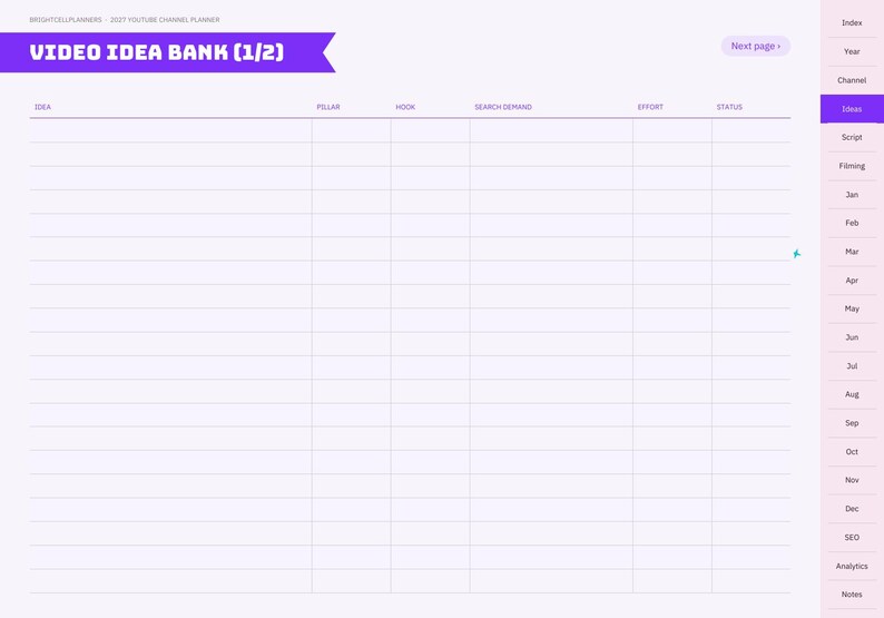 Op de afbeelding: Een digitale plannerpagina getiteld Video Idea Bank (1/2) met een paarse koptekst en een rasterindeling met kolommen voor Idea, Pillar, Hook, Search Demand, Effort en Status. Een verticale navigatiebalk toont maanden en categorie&euml;n.