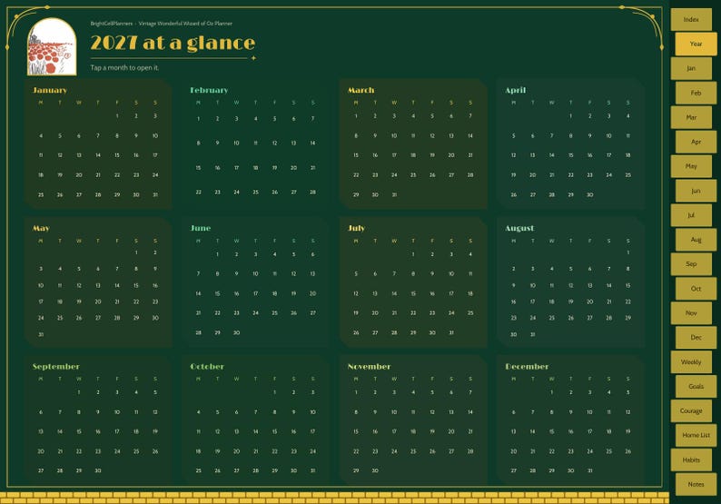 May include: A digital 2027 calendar planner page with a dark green background and gold accents. It features twelve monthly grids, a top header reading 2027 at a glance, and a side navigation bar with gold tabs for months and sections.