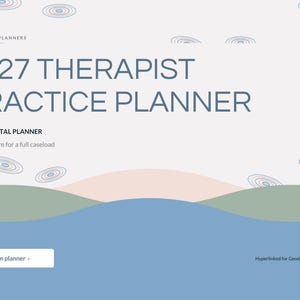 May include: A digital planner cover titled 2027 THERAPIST PRACTICE PLANNER with the text BRIGHTCELLPLANNERS, 2027 DIGITAL PLANNER, A calm system for a full caseload, Open planner, and Hyperlinked for GoodNotes - Notability.