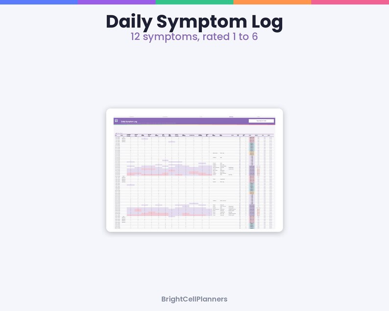Puede incluir: Una plantilla digital de registro diario de s&iacute;ntomas con un encabezado morado que incluye el texto Daily Symptom Log y 12 symptoms, rated 1 to 6. El dise&ntilde;o de cuadr&iacute;cula incluye columnas para rastrear varias m&eacute;tricas de salud con puntos de datos codificados por colores.