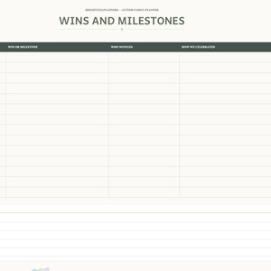 May include: A digital planner page titled WINS AND MILESTONES with columns for Date, Win or Milestone, Who Noticed, and How We Celebrated. The layout includes a section for notes and a side navigation bar with tabs for Index, My Child, Routines, Therapy, IEP, Sensory, Triggers, Wins, and Notes.