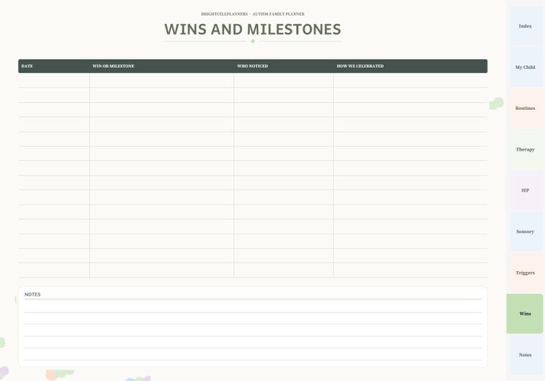 May include: A digital planner page titled WINS AND MILESTONES with columns for Date, Win or Milestone, Who Noticed, and How We Celebrated. The layout includes a section for notes and a side navigation bar with tabs for Index, My Child, Routines, Therapy, IEP, Sensory, Triggers, Wins, and Notes.