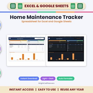 Home Maintenance Tracker Spreadsheet for Excel & Google Sheets - Maintenance Schedule, Repair Log, Appliance Warranty