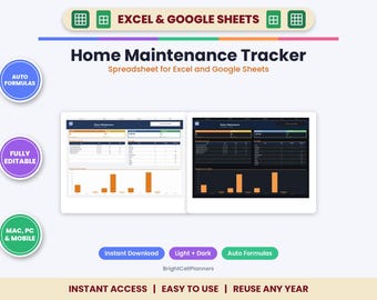 May include: A digital Home Maintenance Tracker spreadsheet for Excel and Google Sheets. The interface displays two versions, one light and one dark, featuring data tables and orange bar charts. Includes text labels for auto formulas and compatibility.