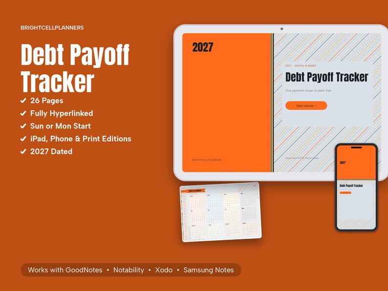 2027 Digital Debt Payoff Tracker, Tablet Debt Payoff Tracker PDF, Hyperlinked Planner, Snowball, Avalanche, Custom Focus image 1