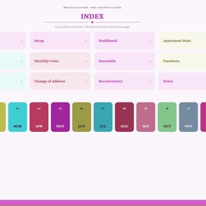 May include: A digital apartment planner index page featuring a grid of pastel-colored navigation tiles labeled Year at a glance, Setup, Dashboard, Apartment Hunt, Move-in Budget, Monthly Costs, Essentials, Furniture, Checklist, Change of Address, Box Inventory, and Notes.