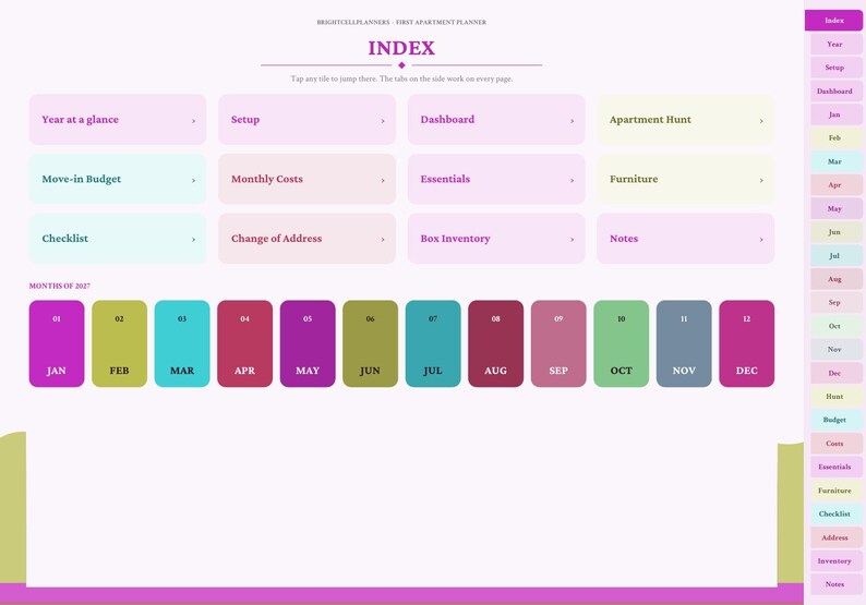 May include: A digital apartment planner index page featuring a grid of pastel-colored navigation tiles labeled Year at a glance, Setup, Dashboard, Apartment Hunt, Move-in Budget, Monthly Costs, Essentials, Furniture, Checklist, Change of Address, Box Inventory, and Notes.