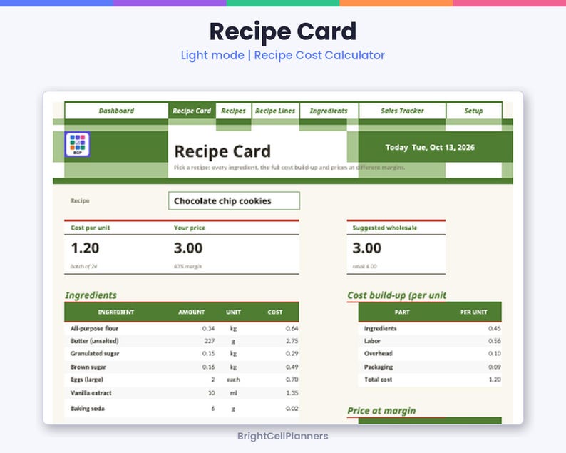 Op de afbeelding: Een digitaal receptkaart-sjabloon met een groen en wit kleurenschema. De interface toont velden voor receptnaam, kosten per eenheid, prijs en aanbevolen groothandelsprijs. Het bevat een ingredi&euml;ntenlijst met hoeveelheden en een kostentabel.