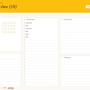 May include: A digital planner page titled Mom Self-Care (1/2) with a yellow header. It features sections for How I am really doing, Self-care menu, Wins this week, What I need, and Letting go of. A side tab menu lists months and categories.