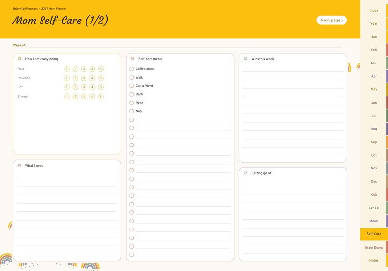 May include: A digital planner page titled Mom Self-Care (1/2) with a yellow header. It features sections for How I am really doing, Self-care menu, Wins this week, What I need, and Letting go of. A side tab menu lists months and categories.