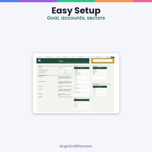 Puede incluir: Una interfaz de planificador digital titulada Easy Setup con el subt&iacute;tulo Goal, accounts, sectors. La pantalla muestra un formulario con campos para objetivos, cuentas y sectores, con encabezados verde oscuro y cuadros de entrada blancos.