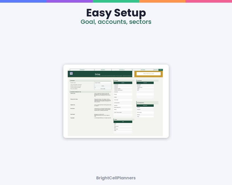 Puede incluir: Una interfaz de planificador digital titulada Easy Setup con el subt&iacute;tulo Goal, accounts, sectors. La pantalla muestra un formulario con campos para objetivos, cuentas y sectores, con encabezados verde oscuro y cuadros de entrada blancos.