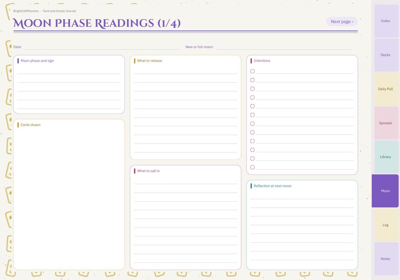 May include: A digital planner page titled MOON PHASE READINGS (1/4) with sections for date, moon phase, what to release, cards drawn, intentions with checkboxes, what to call in, and reflection at next moon, plus a side navigation tab menu.