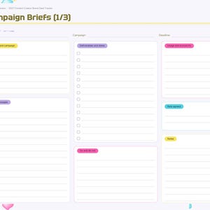 May include: A digital planner page titled Campaign Briefs (1/3) with sections for brand, campaign, deadline, deliverables, key messages, usage, rate, and notes. The layout features a left-hand navigation sidebar with months and categories.