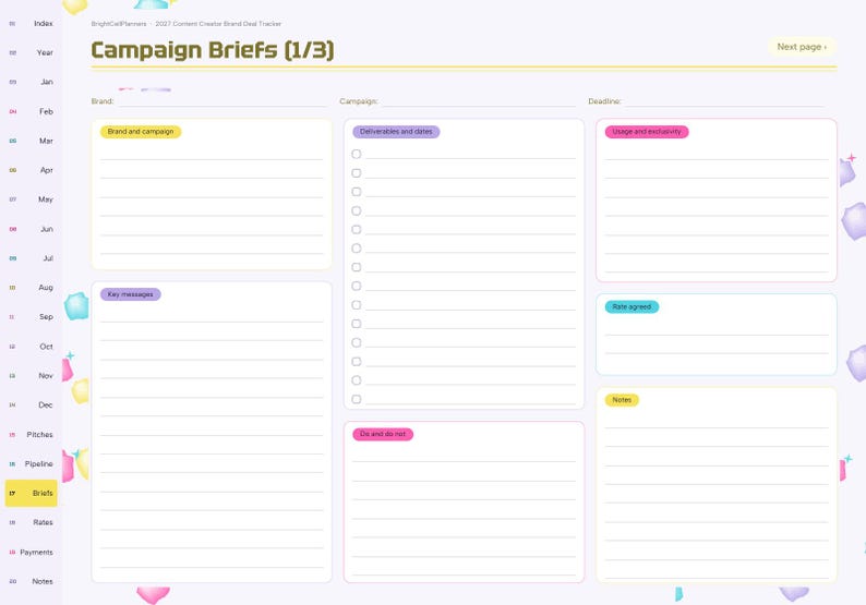 May include: A digital planner page titled Campaign Briefs (1/3) with sections for brand, campaign, deadline, deliverables, key messages, usage, rate, and notes. The layout features a left-hand navigation sidebar with months and categories.