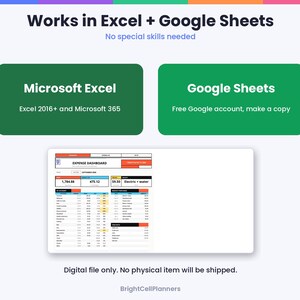 May include: A digital expense dashboard template compatible with Microsoft Excel 2016+ and Google Sheets. The graphic displays the text Works in Excel + Google Sheets, No special skills needed, and Digital file only. No physical item will be shipped.