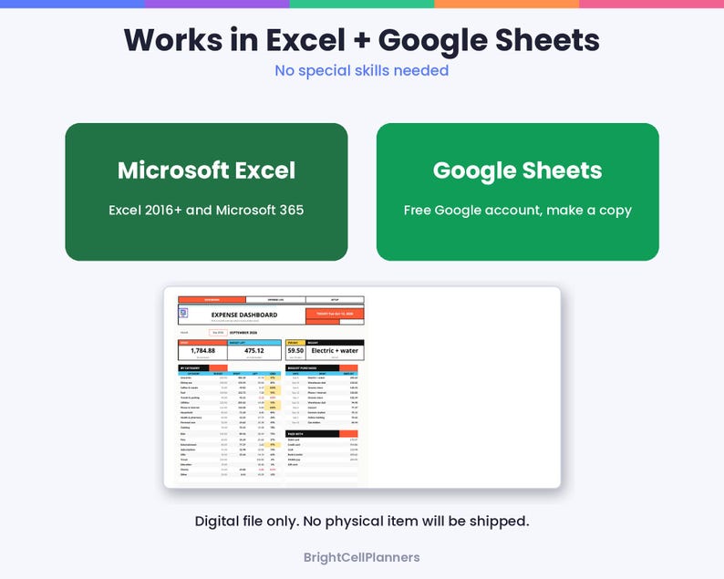 May include: A digital expense dashboard template compatible with Microsoft Excel 2016+ and Google Sheets. The graphic displays the text Works in Excel + Google Sheets, No special skills needed, and Digital file only. No physical item will be shipped.