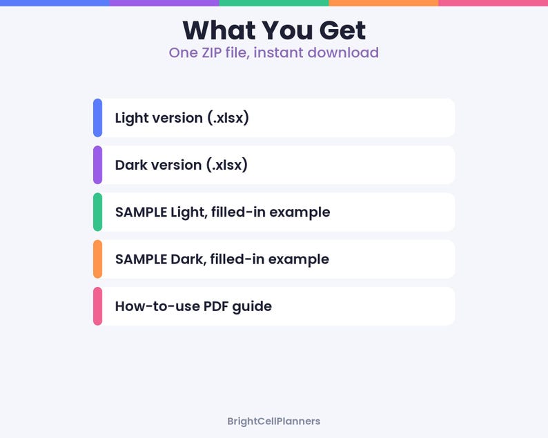 Puede incluir: Una lista de productos digitales titulada What You Get, One ZIP file, instant download. Presenta cinco barras horizontales blancas con acentos verticales de colores: Light version (.xlsx), Dark version (.xlsx), SAMPLE Light, filled-in example, SAMPLE Dark, filled-in example y How-to-use PDF guide. BrightCellPlanners est&aacute; en la parte inferior.