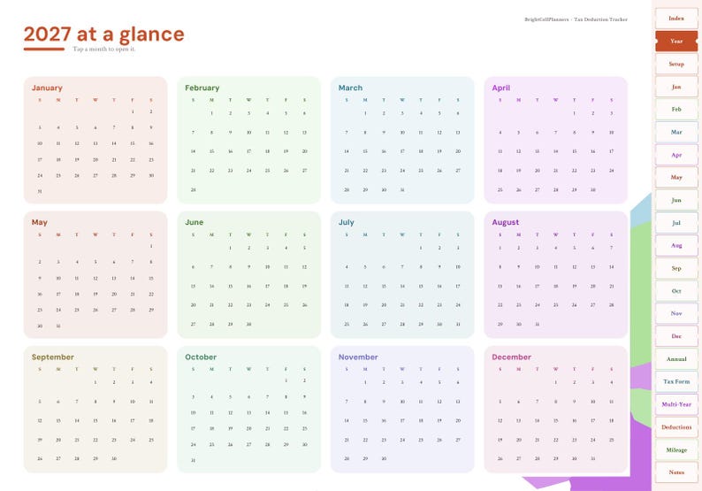 May include: A 2027 digital annual calendar planner featuring twelve monthly grids in pastel colors. The layout includes the text 2027 at a glance, a navigation sidebar with tabs labeled Index, Tax, Setup, Jan through Dec, Annual, Tax Forms, Multi Year, Deductions, Mileage, and Notes.