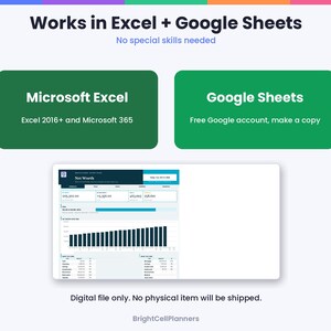 May include: A digital net worth tracker spreadsheet template featuring the text Works in Excel + Google Sheets, No special skills needed, Microsoft Excel 2016+ and Microsoft 365, Google Sheets Free Google account, make a copy, and BrightCellPlanners.