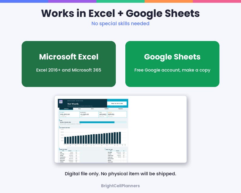 May include: A digital net worth tracker spreadsheet template featuring the text Works in Excel + Google Sheets, No special skills needed, Microsoft Excel 2016+ and Microsoft 365, Google Sheets Free Google account, make a copy, and BrightCellPlanners.