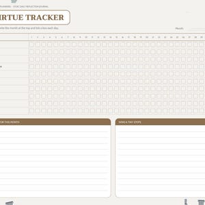May include: A Virtue Tracker planner page with a grid for tracking daily habits like Wisdom, Courage, and Justice. It includes sections for Notes for this Month and Wins & Tiny Steps, with a sidebar featuring tabs for Index, Morning, Evening, Virtues, Quotes, Memento Mori, and Notes.
