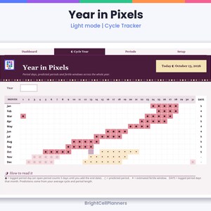 May include: A digital Year in Pixels cycle tracker dashboard featuring a grid layout for months and days. The interface displays text including Year in Pixels, Light mode, Cycle Tracker, and Today October 13, 2026, with color-coded data points.