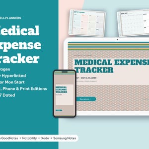 May include: A digital medical expense tracker planner displayed on a tablet and smartphone screen. The interface features the text Medical Expense Tracker, 2027 Digital Planner, and lists 24 pages, hyperlinked, sun or mon start, and print editions.