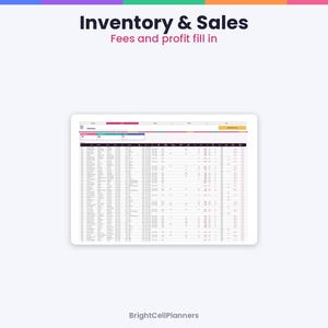 May include: A digital spreadsheet titled Inventory & Sales with the subtitle Fees and profit fill in. The interface displays a detailed table with multiple columns for tracking inventory data, featuring a white background and dark text.