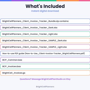 May include: A digital download list titled What's Included, featuring BrightCellPlanners_Client_Invoice_Tracker_Bundle.zip, various .xlsx files, a PDF guide, .bas files, and a .gs file, with contact instructions for BrightCellPlanStudio.