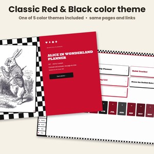 May include: A digital planner with a red and black color theme featuring an Alice in Wonderland illustration of a rabbit. The interface includes a checkerboard border, text reading Alice in Wonderland Planner, and navigation buttons for a habit tracker and monthly tabs.
