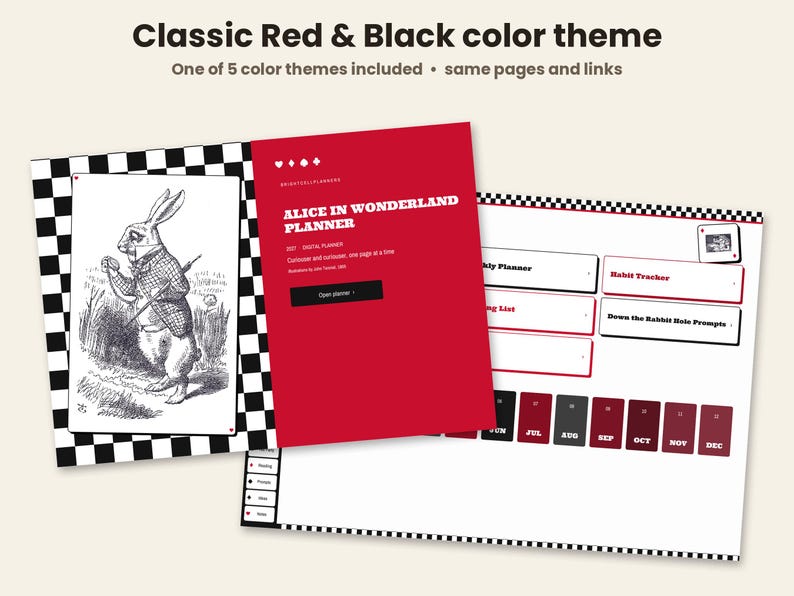 May include: A digital planner with a red and black color theme featuring an Alice in Wonderland illustration of a rabbit. The interface includes a checkerboard border, text reading Alice in Wonderland Planner, and navigation buttons for a habit tracker and monthly tabs.
