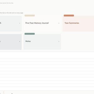 May include: A digital planner index page featuring a light background with five rectangular tiles labeled Jump to a Month, Five-Year Memory Journal, Year Summaries, Highlights Index, and Notes. A lined section for quick notes sits below.