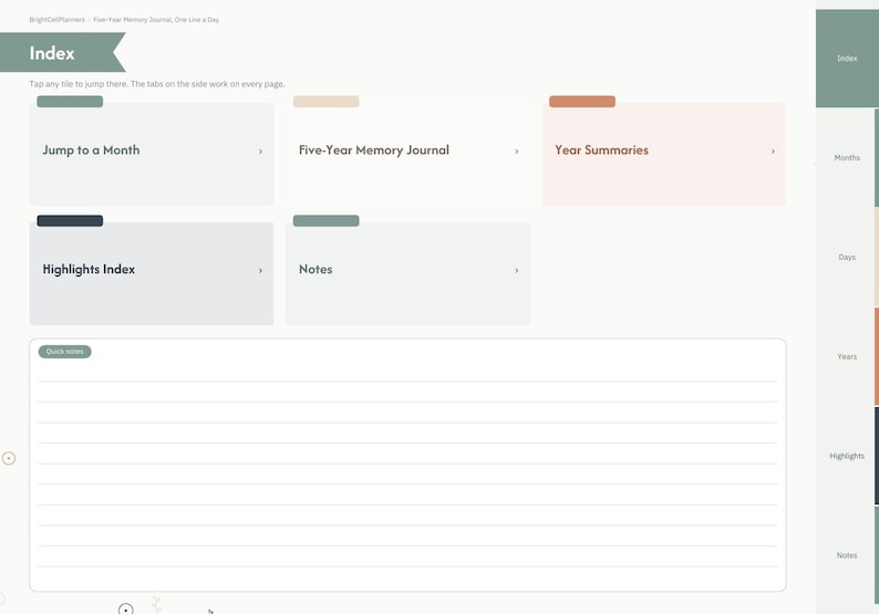May include: A digital planner index page featuring a light background with five rectangular tiles labeled Jump to a Month, Five-Year Memory Journal, Year Summaries, Highlights Index, and Notes. A lined section for quick notes sits below.