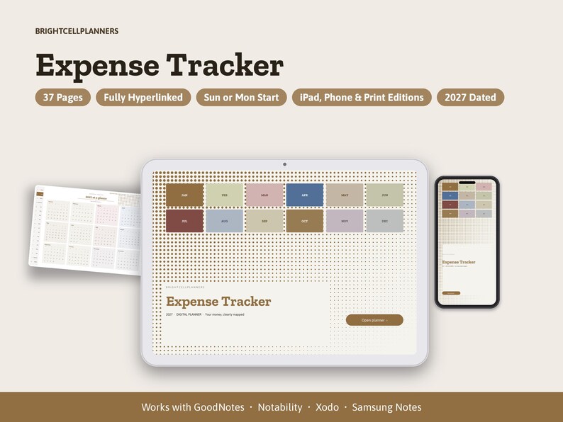 2027 Digital Expense Tracker, Tablet Expense Tracker PDF, Hyperlinked Planner, Expense Log, Tablet Planner image 1