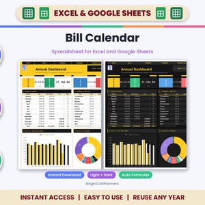 K&ouml;nnte beinhalten: Eine digitale Rechnungs-Kalender-Tabelle f&uuml;r Excel und Google Sheets mit hellen und dunklen Jahres-Dashboards, Tabellen und Diagrammen. Enth&auml;lt Textbeschriftungen wie Auto Formulas, Fully Editable sowie Mac, PC & Mobile.