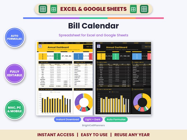 K&ouml;nnte beinhalten: Eine digitale Rechnungs-Kalender-Tabelle f&uuml;r Excel und Google Sheets mit hellen und dunklen Jahres-Dashboards, Tabellen und Diagrammen. Enth&auml;lt Textbeschriftungen wie Auto Formulas, Fully Editable sowie Mac, PC & Mobile.
