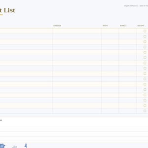 May include: A digital gift list planner page with a light background and gold text reading Gift List. The table includes columns for Name, Gift Idea, Night, Budget, Bought, and Wrapped with checkboxes. A sidebar lists months and categories.