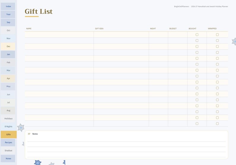 May include: A digital gift list planner page with a light background and gold text reading Gift List. The table includes columns for Name, Gift Idea, Night, Budget, Bought, and Wrapped with checkboxes. A sidebar lists months and categories.