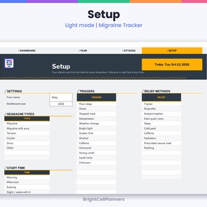 Puede incluir: Una p&aacute;gina de configuraci&oacute;n de rastreador de migra&ntilde;as digital con una interfaz en modo claro. El dise&ntilde;o incluye secciones para ajustes, tipos de dolor de cabeza, hora de inicio, desencadenantes y m&eacute;todos de alivio, con la fecha indicada.