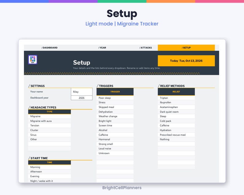 Puede incluir: Una p&aacute;gina de configuraci&oacute;n de rastreador de migra&ntilde;as digital con una interfaz en modo claro. El dise&ntilde;o incluye secciones para ajustes, tipos de dolor de cabeza, hora de inicio, desencadenantes y m&eacute;todos de alivio, con la fecha indicada.