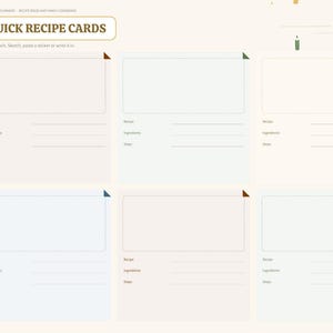 May include: A digital planner page titled QUICK RECIPE CARDS featuring six rectangular sections for recipes. Each section includes a dashed-line box for sketches or stickers, with lines for Recipe, Ingredients, and Steps. A sidebar lists navigation tabs.