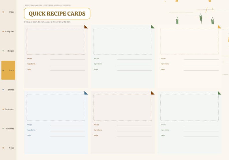 May include: A digital planner page titled QUICK RECIPE CARDS featuring six rectangular sections for recipes. Each section includes a dashed-line box for sketches or stickers, with lines for Recipe, Ingredients, and Steps. A sidebar lists navigation tabs.